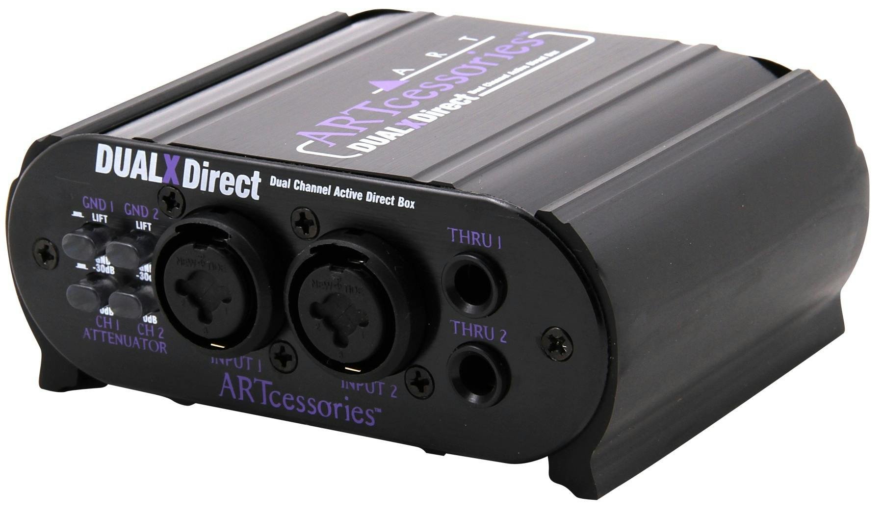 ART Dual X-Direct front panel — INPUT 1 and INPUT 2 combi jacks, GND LIFT switches, CH1/CH2 attenuator switches, THRU 1/2 jacks